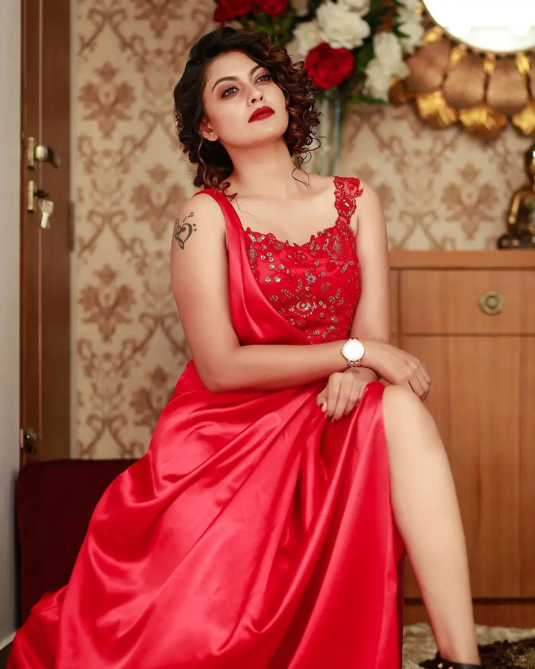 Anusree Nair In South Indian Traditional Red Gown